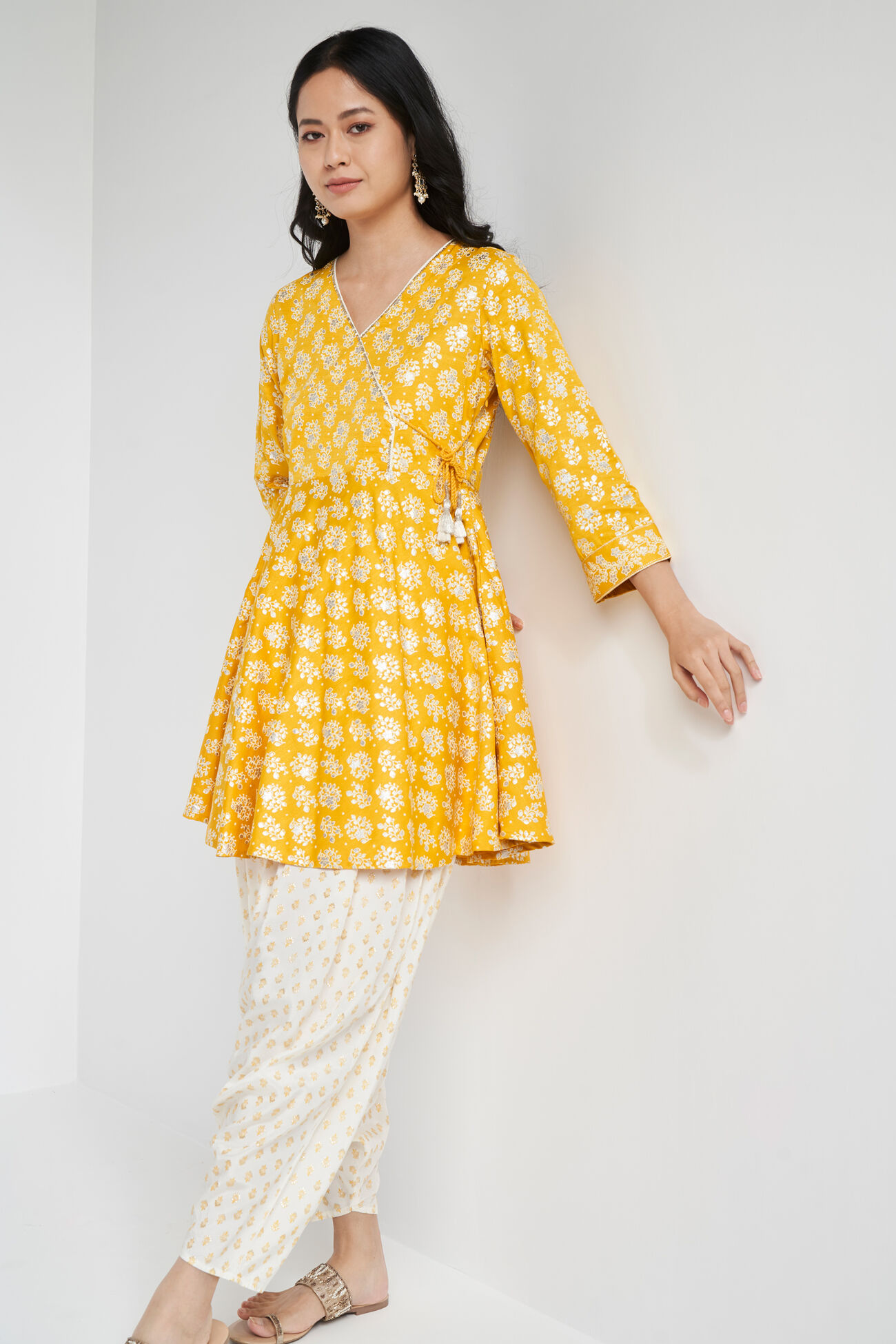 Foil Print Flared Dhoti Kurta Set, Mustard, image 2